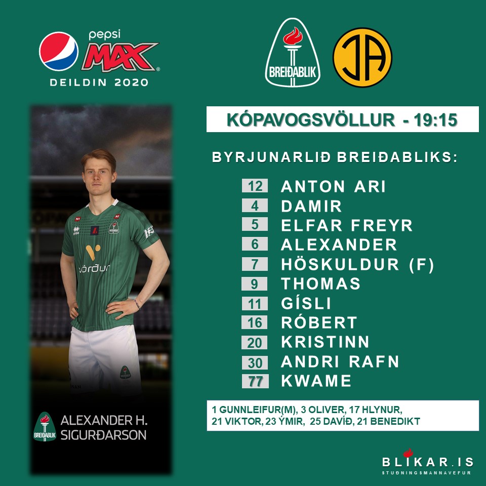 Talsverðar breytingar frá síðasta leik þar sem Kwame, Andri Rafn, Elfar Freyr og Gísli komu inn í stað Olivers, Davíðs, Viktors Arnar og Brynjólfs (í banni).