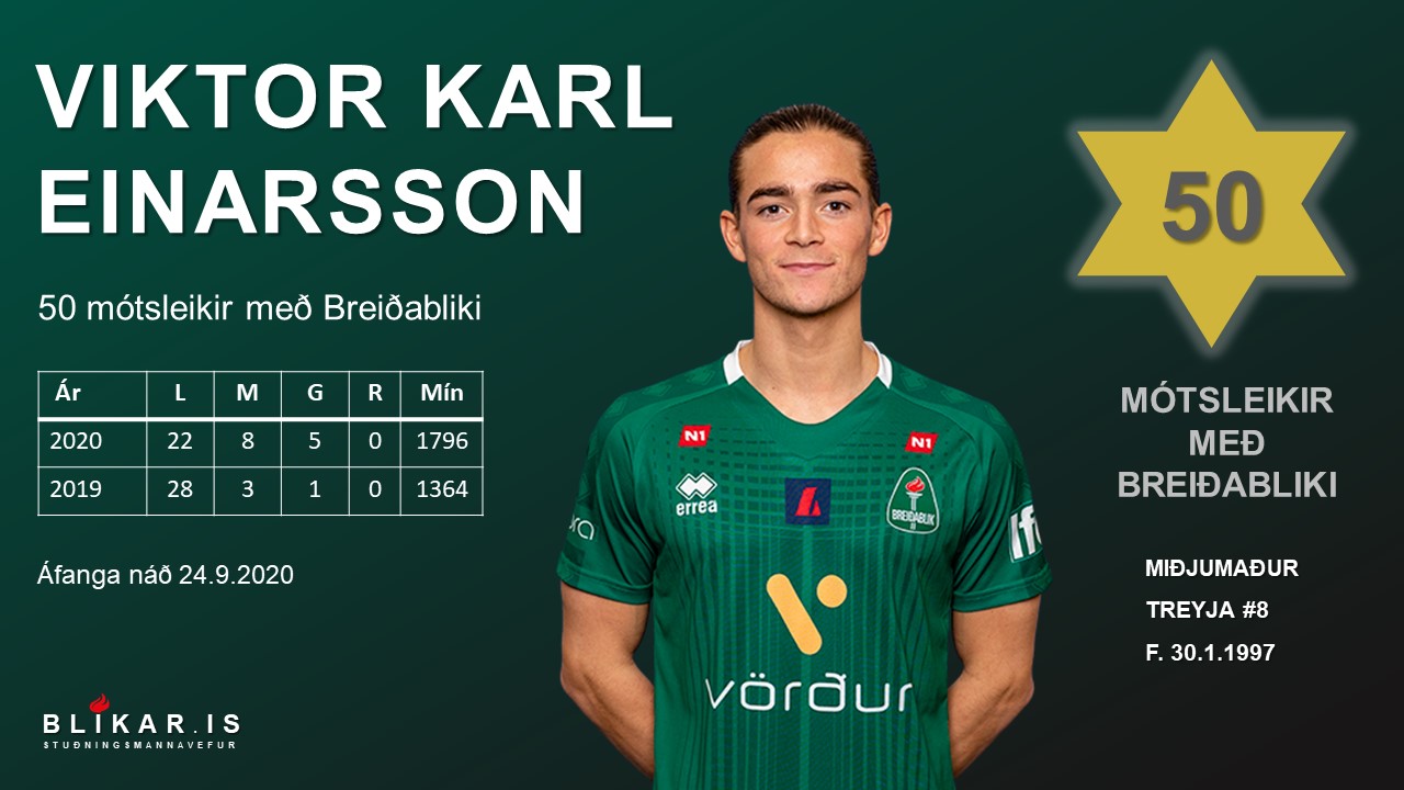 Viktor Karl að spila 50. mótsleikinn með Breiðabliki. Hann skorað fyrra mark Blika og var auk þess valinn Bliki leiksins.