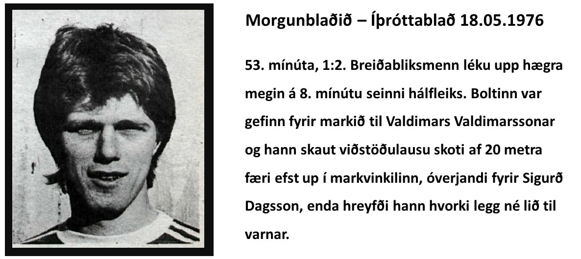 Lýsing mbl á fyrsta mark Breiðabliks á Kópavosgvelli  í efstu deild. Kópavogsvöllur var vígður 1975. 